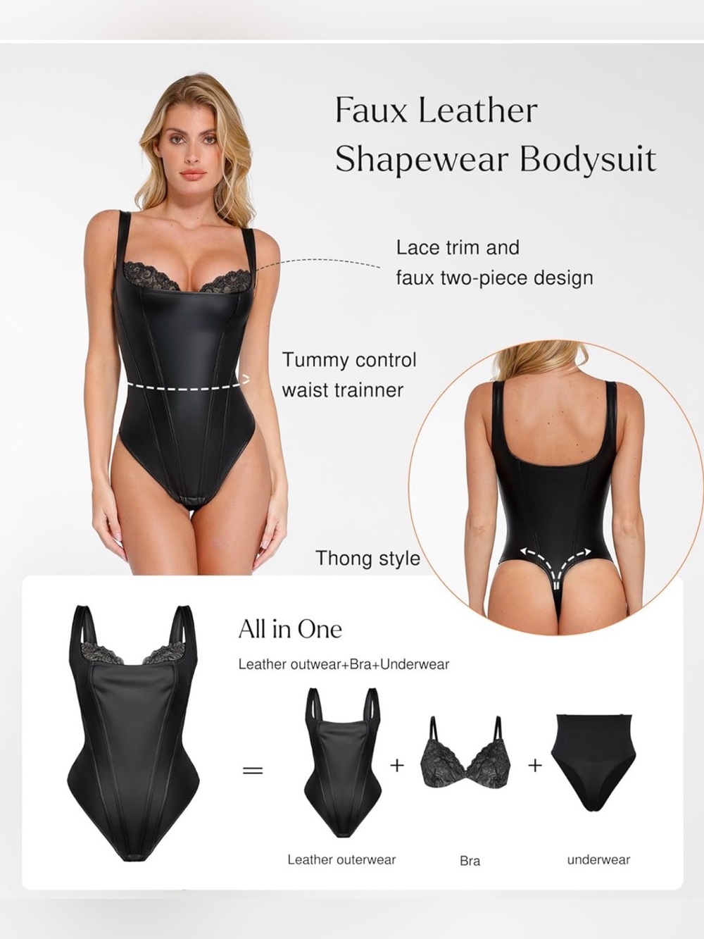 Popilush Shapewear Bodysuit Lace Corset Tank Tops Tummy Control Faux Leather - Picture 3 of 7